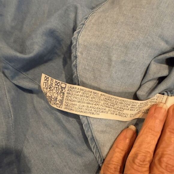 ZARA Chambray Blue Shirt Dress Collared Open Back Button Front Cold Shoulder XS - Picture 7 of 11